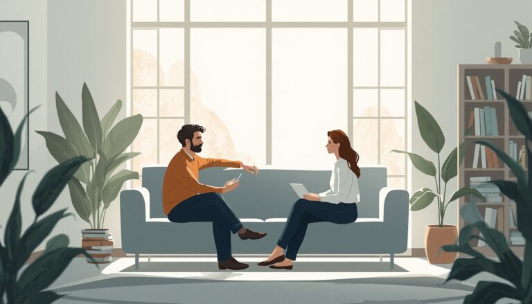 Casal sentado no sofá conversando.