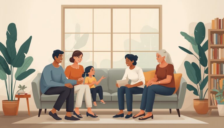 Família sentada no sofá conversando.