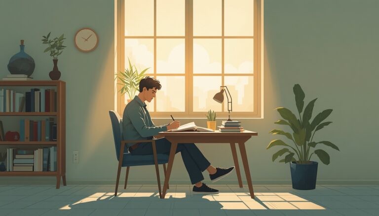 Jovem sentado estudando.