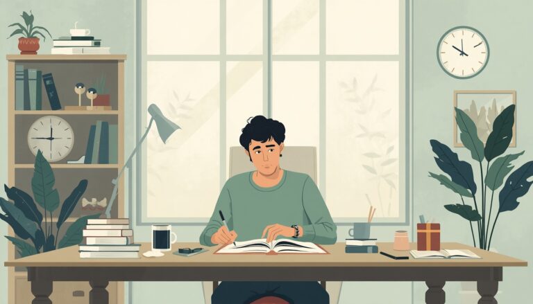 Homem sentado à mesa escrevendo olhando para o lado.