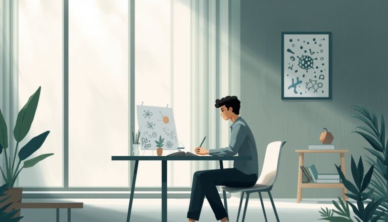 Jovem estudando em seu quarto.