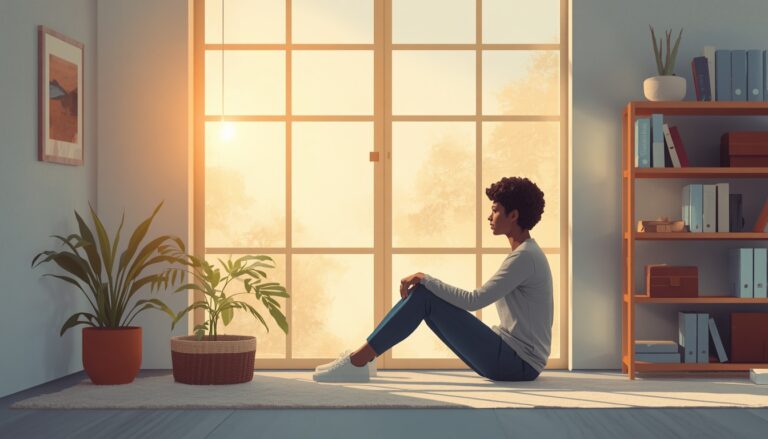 Imagem de uma jovem sentada no tapete de um quarto olhando para um quadro.