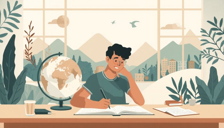 Jovem estudando ao lado de um globo terrestre.