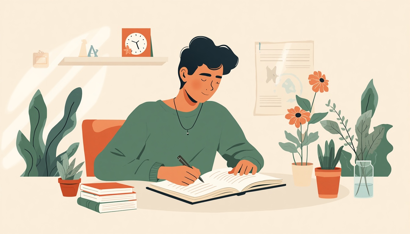 Jovem com colar estudando.