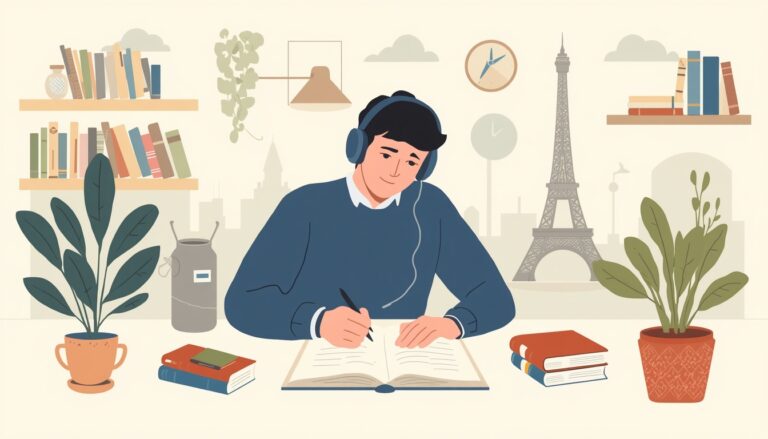 Jovem estudando e ao fundo a imagem da torre Eifel